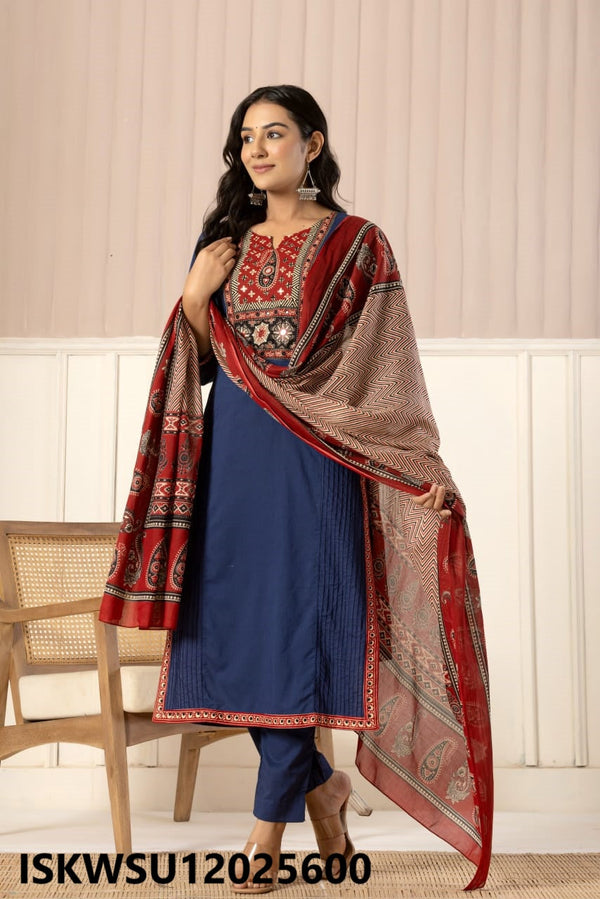 Embroidered Cotton Kurti With Pant And Printed Dupatta-ISKWSU12025600