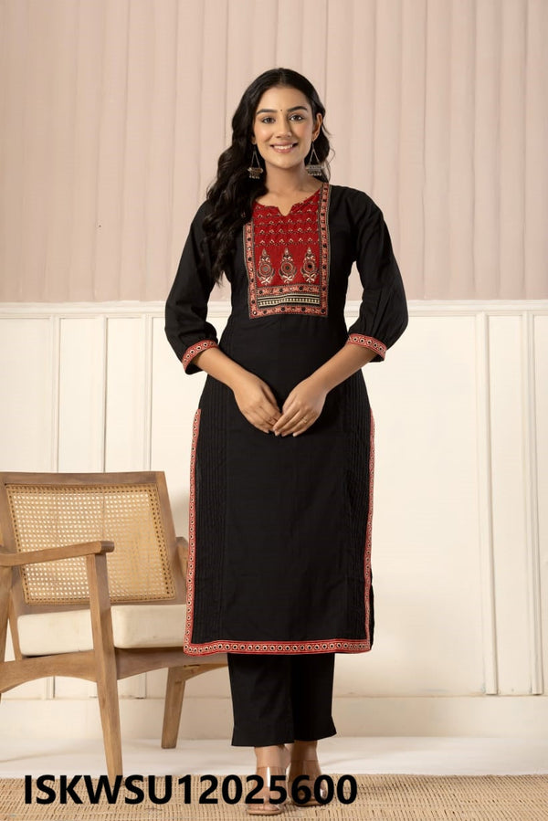 Embroidered Cotton Kurti With Pant And Printed Dupatta-ISKWSU12025600