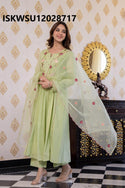 Embroidered Malmal Cotton Anarkali Kurti With Pant And Organza Dupatta-ISKWSU12028717