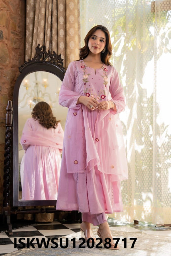 Embroidered Malmal Cotton Anarkali Kurti With Pant And Organza Dupatta-ISKWSU12028717