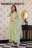 Embroidered Malmal Cotton Anarkali Kurti With Pant And Organza Dupatta-ISKWSU12028717