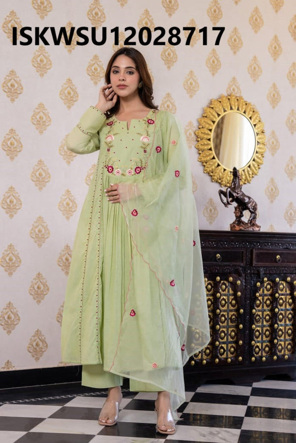 Embroidered Malmal Cotton Anarkali Kurti With Pant And Organza Dupatta-ISKWSU12028717