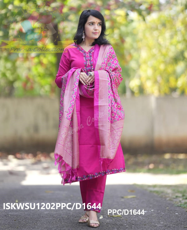 Handloom Cotton Kurti With Pant And Banarasi Printed Khadi Silk Dupatta-ISKWSU1202PPC/D1644