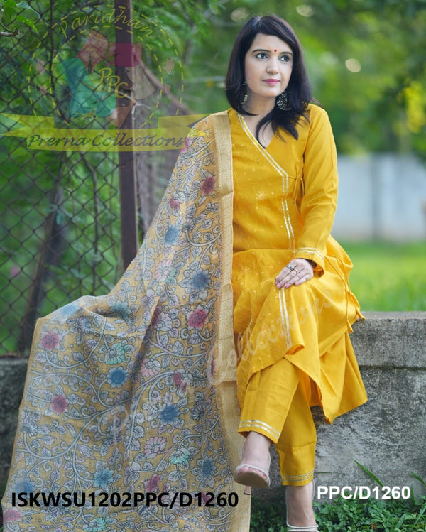 Sequined Chanderi Silk A-Line Kurti With Pant And Kalamkari Printed Dupatta-ISKWSU1202PPC/D1260