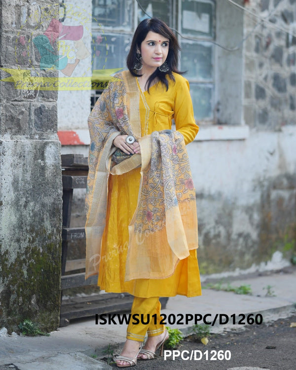 Sequined Chanderi Silk A-Line Kurti With Pant And Kalamkari Printed Dupatta-ISKWSU1202PPC/D1260