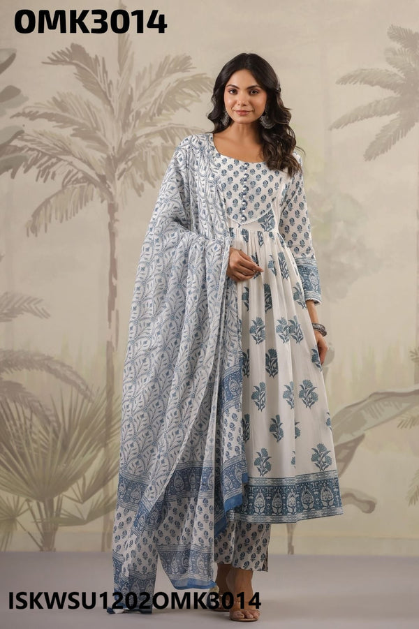 Digital Floral Printed Cotton Anarkali Kurti With Pant And Kota Doriya Dupatta-ISKWSU1202OMK3014