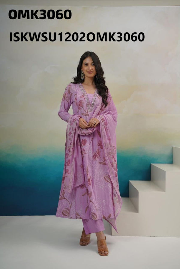 Floral Brush Printed Cotton Anarkali Kurti With Pant And Organza Dupatta-ISKWSU1202OMK3060