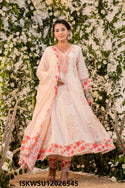 Embroidered Cotton Schiffli Anarkali Kurti With Pant And Chiffon Dupatta-ISKWSU12026545