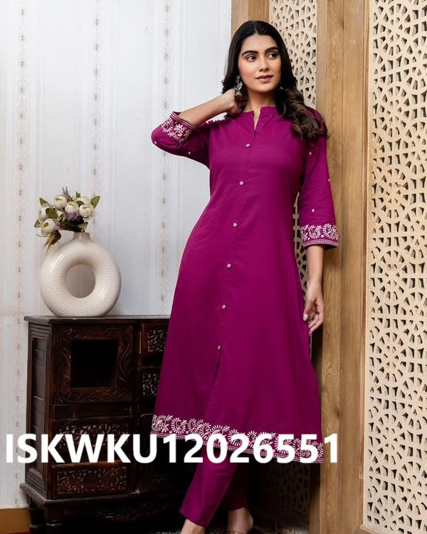 Embroidered Cotton Anarkali Kurti With Pant-ISKWKU12026551