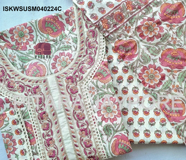 Block Printed Cotton Kurti With Pant And Dupatta-ISKWSUSM040224C