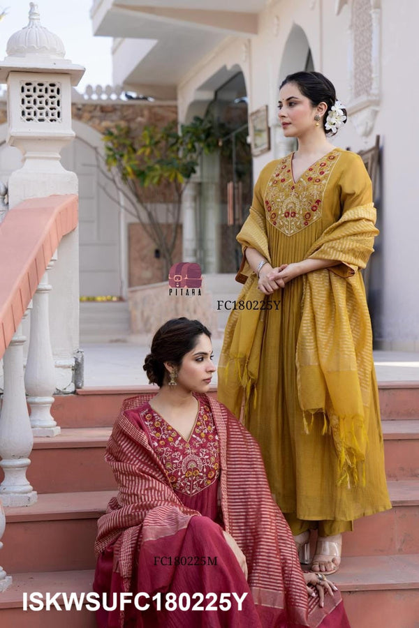 Embroidered Malmal Chanderi Kurti With Pant And Silk Pant And Dupatta-ISKWSUFC180225Y/FC180225M