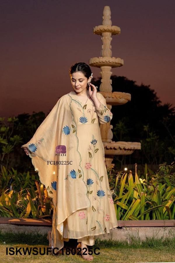 Embroidered Malmal Chanderi Flared Kurti With Silk Pant And Dupatta-ISKWSUFC180225C/FC180225B