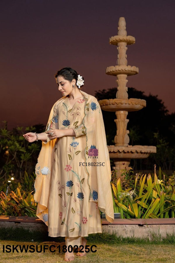 Embroidered Malmal Chanderi Flared Kurti With Silk Pant And Dupatta-ISKWSUFC180225C/FC180225B