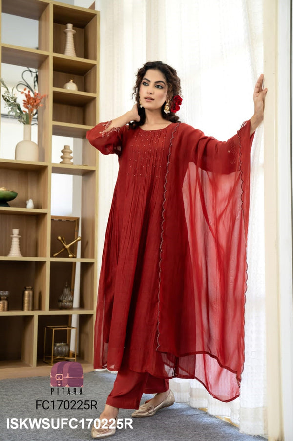 Embroidered Malmal Chanderi Kurti With Silk Pant And Malmal Chanderi Dupatta-ISKWSUFC170225R