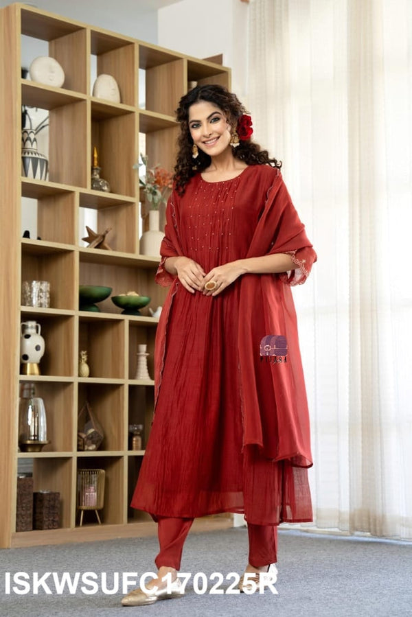 Embroidered Malmal Chanderi Kurti With Silk Pant And Malmal Chanderi Dupatta-ISKWSUFC170225R