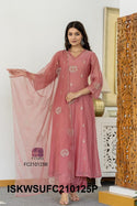 Embroidered Malmal Chanderi Flared Kurti With Silk Pant And Organza Dupatta-ISKWSUFC210125P