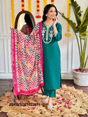 Embroidered Chanderi Kurti With Pant And Printed Silk Dupatta-ISKWSU21022311