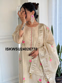 Embroidered Banarasi SIlk Kurti With Pant And Dupatta-ISKWSU24026778