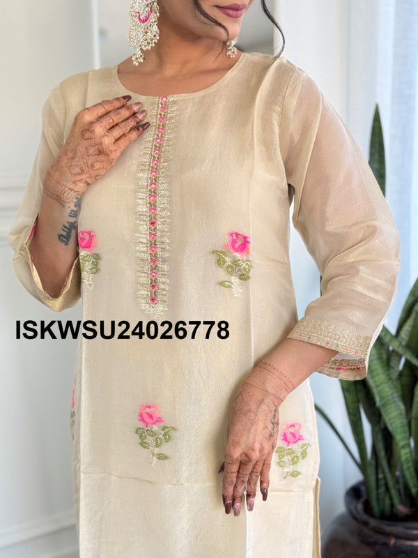 Embroidered Banarasi SIlk Kurti With Pant And Dupatta-ISKWSU24026778