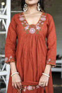 Embroidered Cotton Flared Kurti With Pant And Dupatta-ISKWSU24026763