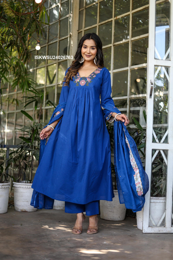 Embroidered Cotton Flared Kurti With Pant And Dupatta-ISKWSU24026763