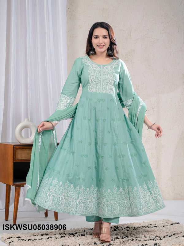 Embroidered Cotton Anarkali Kurti With Pant And Dupatta-ISKWSU05038906