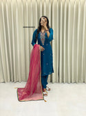 Embroidered Silk Kurti With Pant And Organza Dupatta-ISKWSU05038910