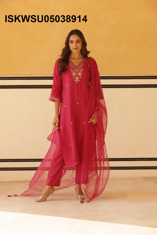 Embroidered Silk Kurti With Pant And Dupatta-ISKWSU05038914