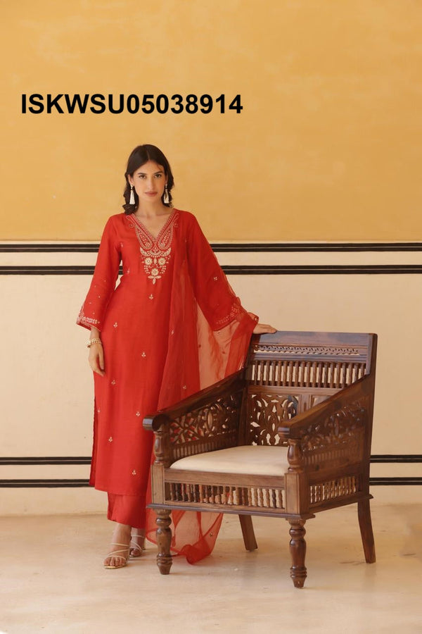 Embroidered Silk Kurti With Pant And Dupatta-ISKWSU05038914