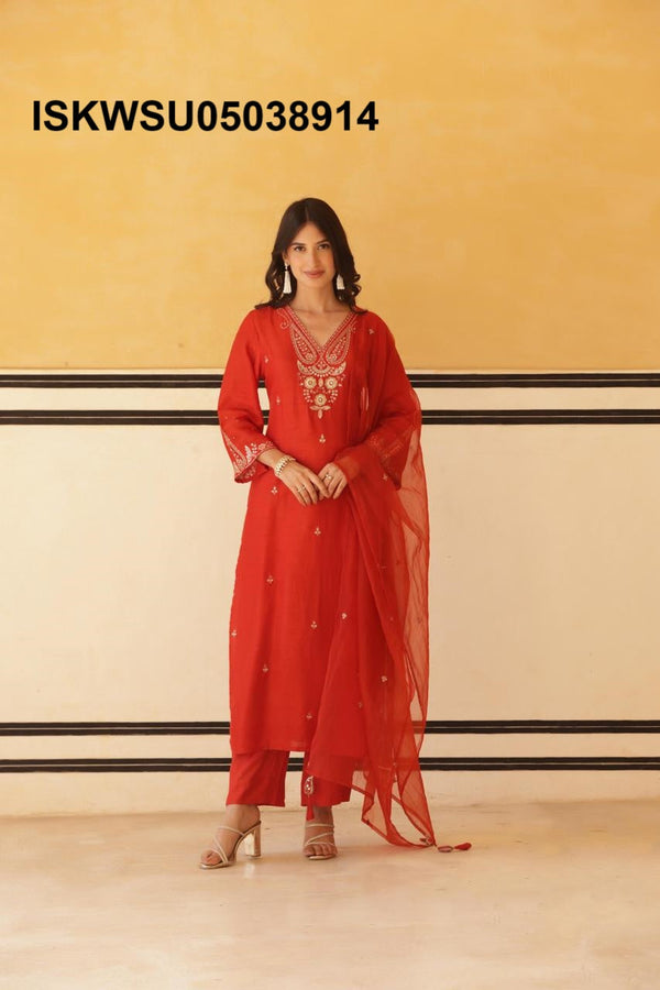 Embroidered Silk Kurti With Pant And Dupatta-ISKWSU05038914