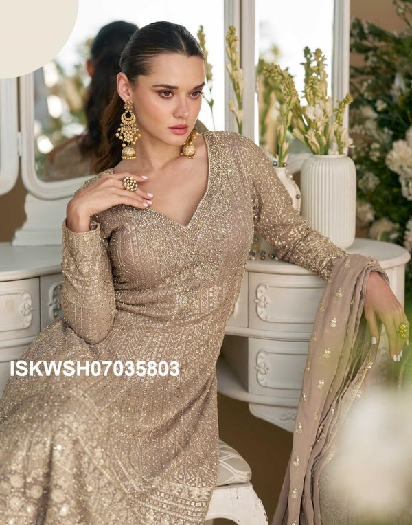 Embroidered Georgette Anarkali kurti With Sharara And Dupatta-ISKWSH07035803