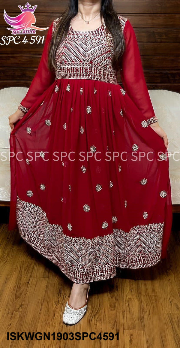 Embroidered Georgette Gown With Dupatta-ISKWGN1903SPC4591