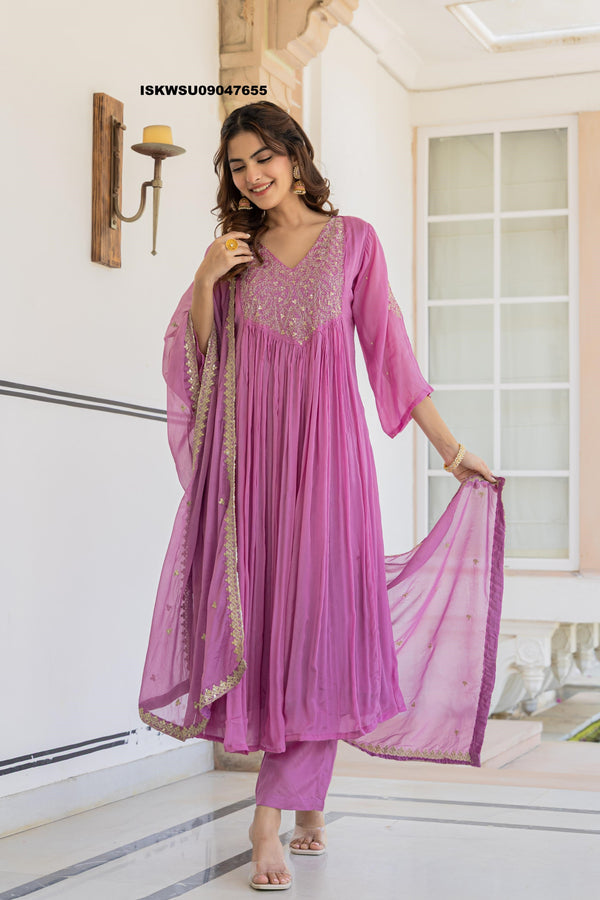Embroidered Chinon Flared Kurti With Pant And Dupatta-ISKWSU09047655