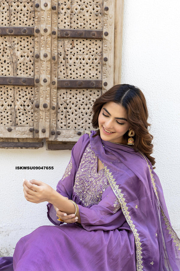 Embroidered Chinon Flared Kurti With Pant And Dupatta-ISKWSU09047655