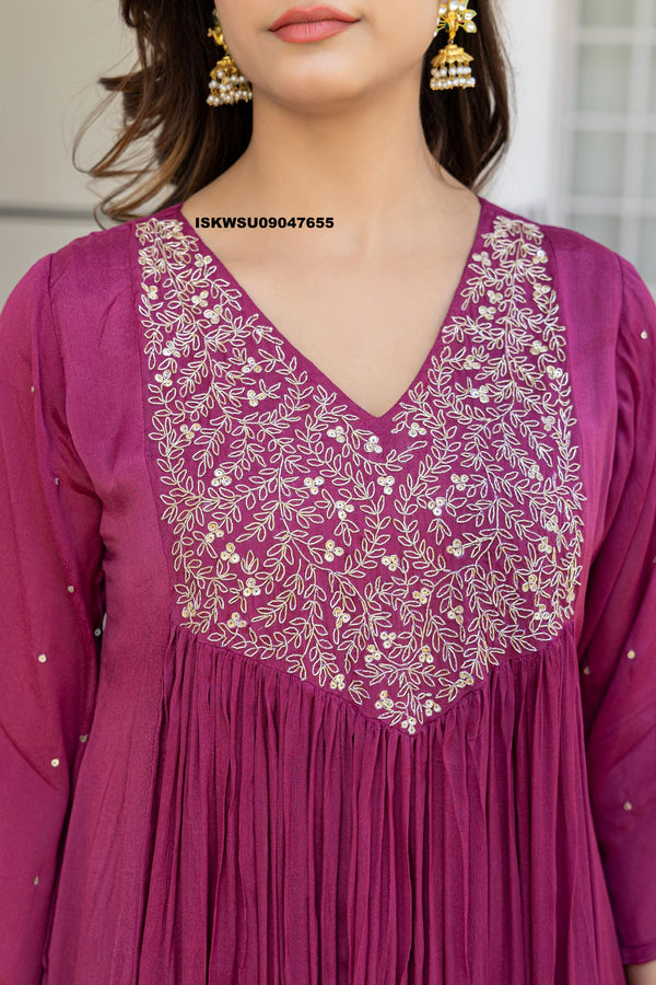 Embroidered Chinon Flared Kurti With Pant And Dupatta-ISKWSU09047655