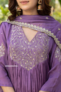 Embroidered Chinon Flared Kurti With Pant And Dupatta-ISKWSU09047655