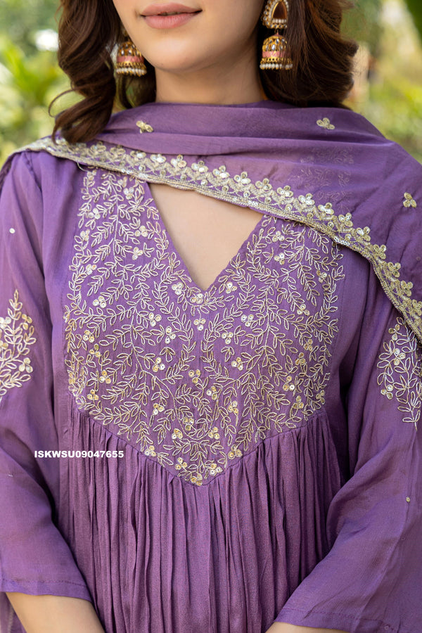Embroidered Chinon Flared Kurti With Pant And Dupatta-ISKWSU09047655