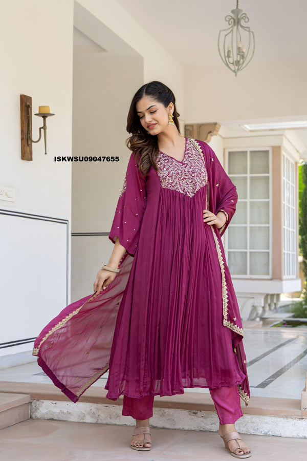 Embroidered Chinon Flared Kurti With Pant And Dupatta-ISKWSU09047655