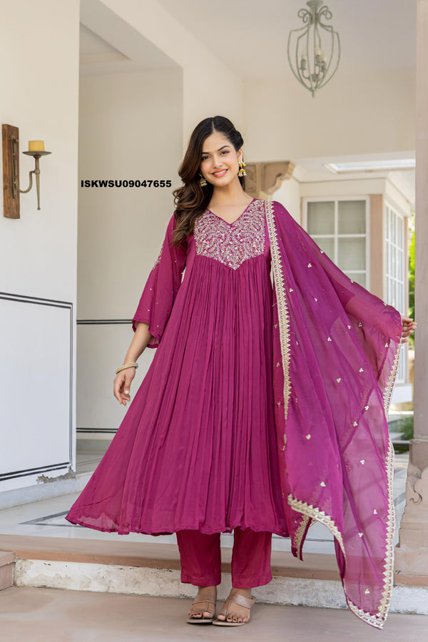 Embroidered Chinon Flared Kurti With Pant And Dupatta-ISKWSU09047655