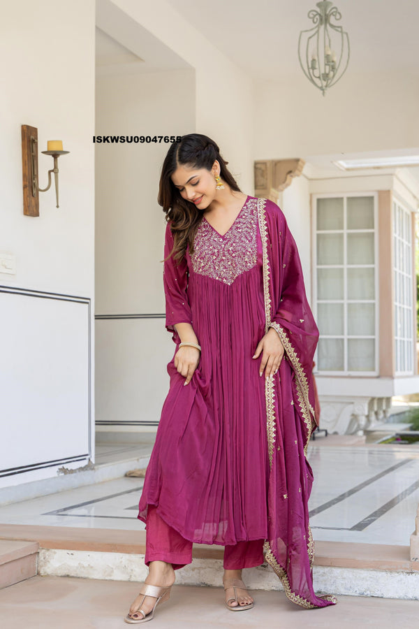 Embroidered Chinon Flared Kurti With Pant And Dupatta-ISKWSU09047655