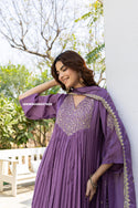 Embroidered Chinon Flared Kurti With Pant And Dupatta-ISKWSU09047655