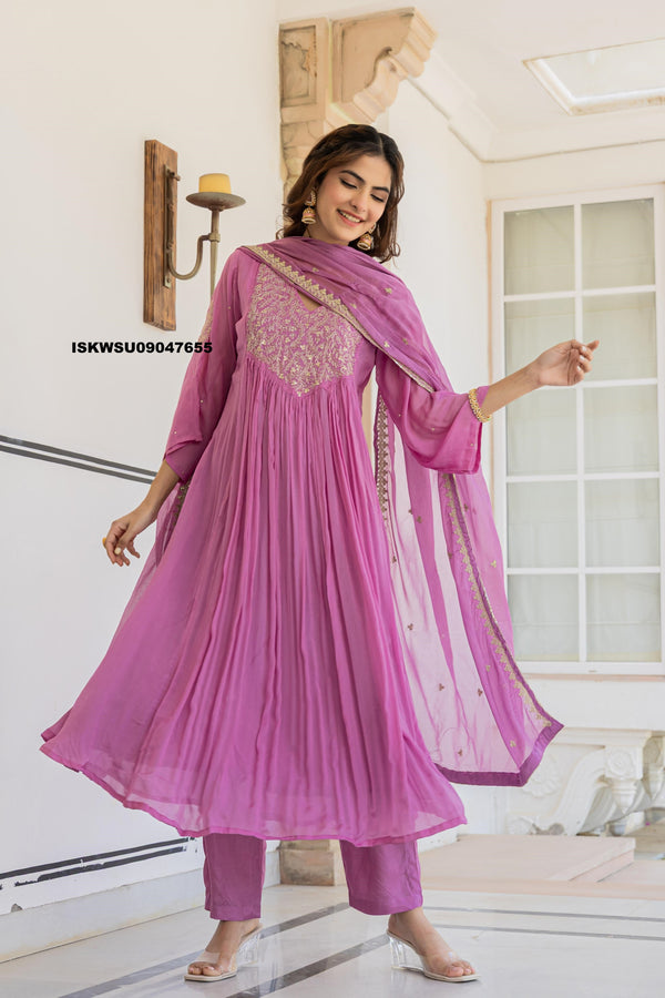 Embroidered Chinon Flared Kurti With Pant And Dupatta-ISKWSU09047655