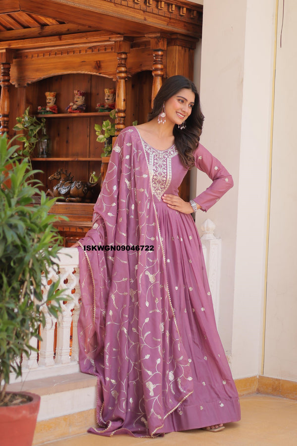 Embroidered Georgette Silk Gown With Dupatta-ISKWGN09046722