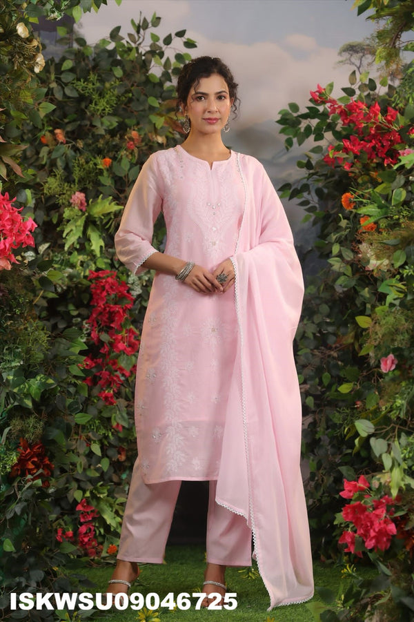 Embroidered Malmal Cotton Kurti With Pant And Dupatta-ISKWSU09046725