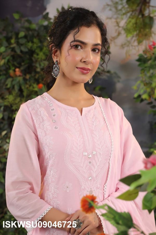 Embroidered Malmal Cotton Kurti With Pant And Dupatta-ISKWSU09046725