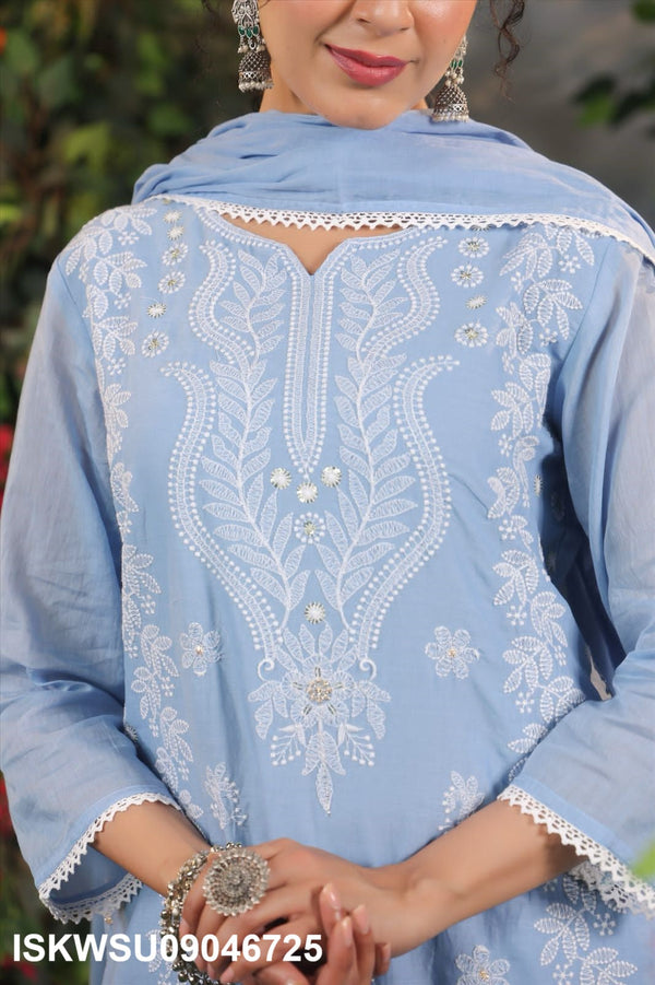 Embroidered Malmal Cotton Kurti With Pant And Dupatta-ISKWSU09046725