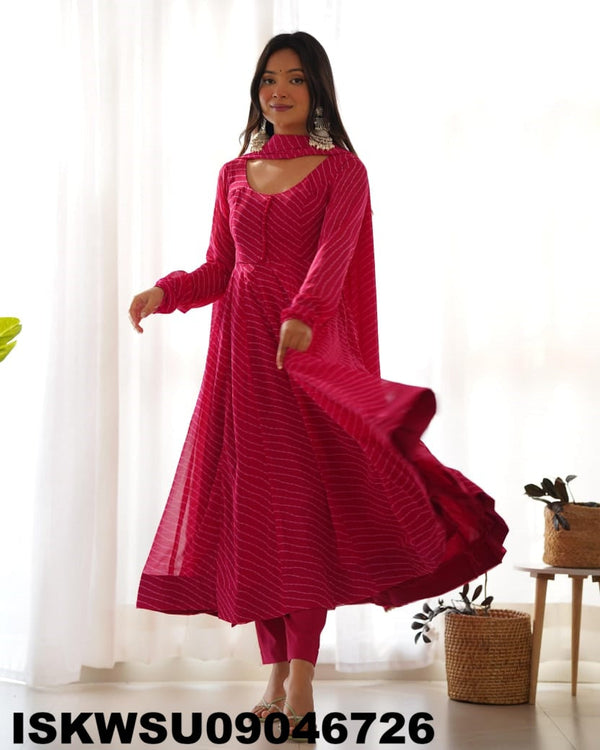 Lehariya Printed Georgette Anarkali Kurti With Silk Pant And Dupatta-ISKWSU09046726