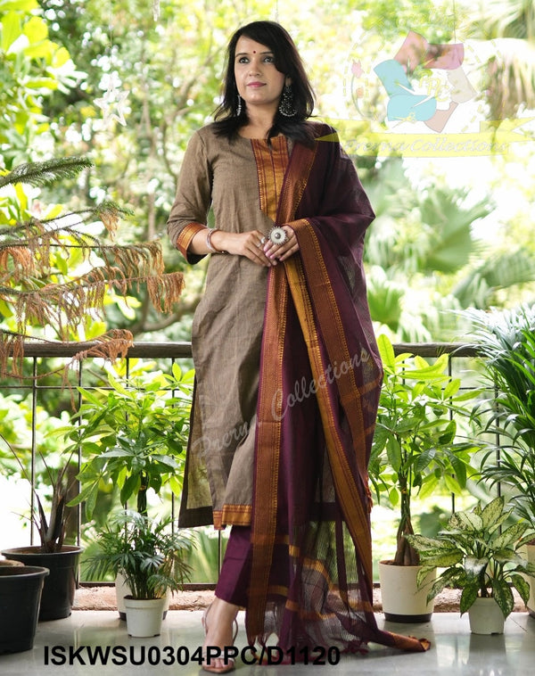 Handloom Cotton Kurti With Cotton Pant And Handloom Dupatta-ISKWSU0304PPC/D1120