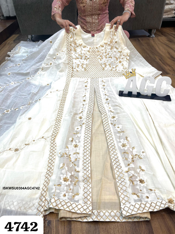 Embroidered Malmal Cotton Front Slit Kurti With Pant And Dupatta-ISKWSU0304AGC4742