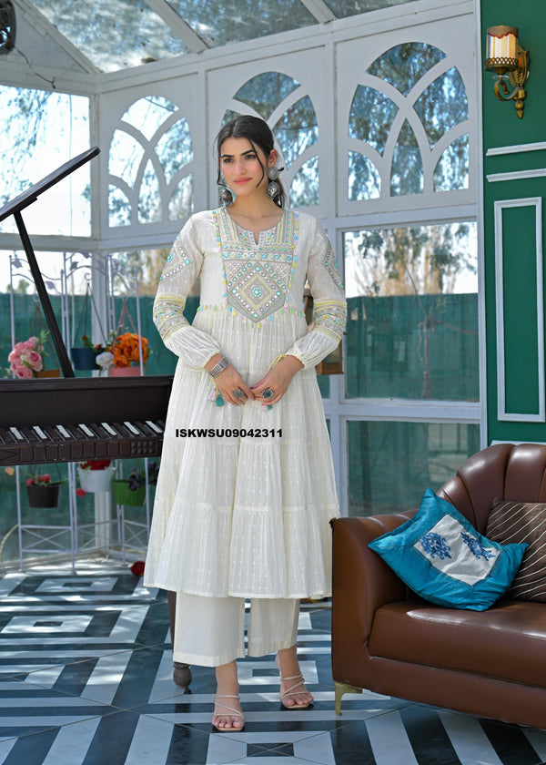 Embroidered Cotton Anarkali Kurti With Pant And Dupatta-ISKWSU09042311